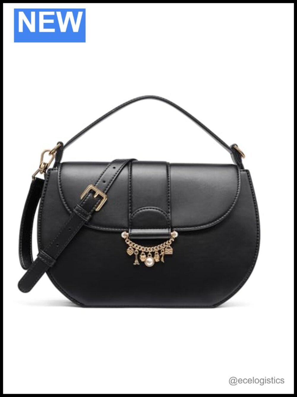Genuine Leather Saddle Shoulder Bag with Chain Strap Magnetic Closure